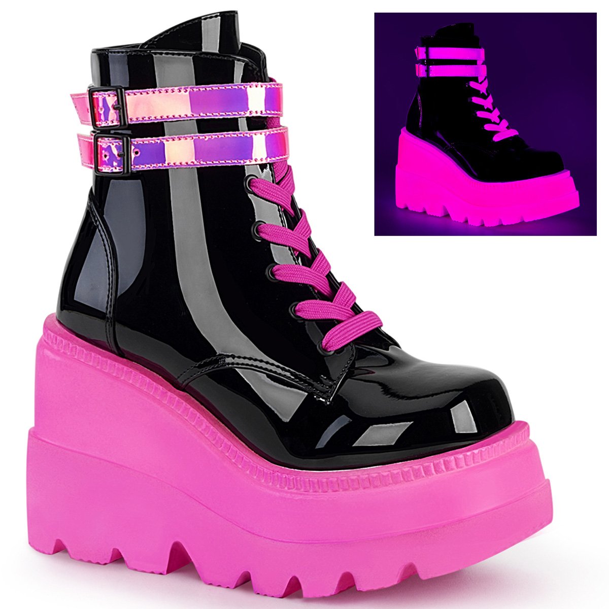 Bottines Demonia Shaker-52 Wedge Platform Dentelle Up Noir / Rose Femme | YMO-1954201