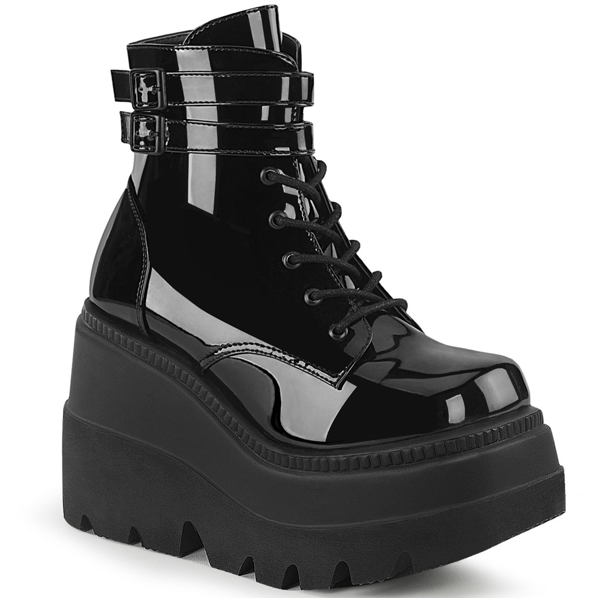 Bottines Demonia Shaker-52 Wedge Platform Dentelle Up Vernis Noir Femme | KUN-9527290