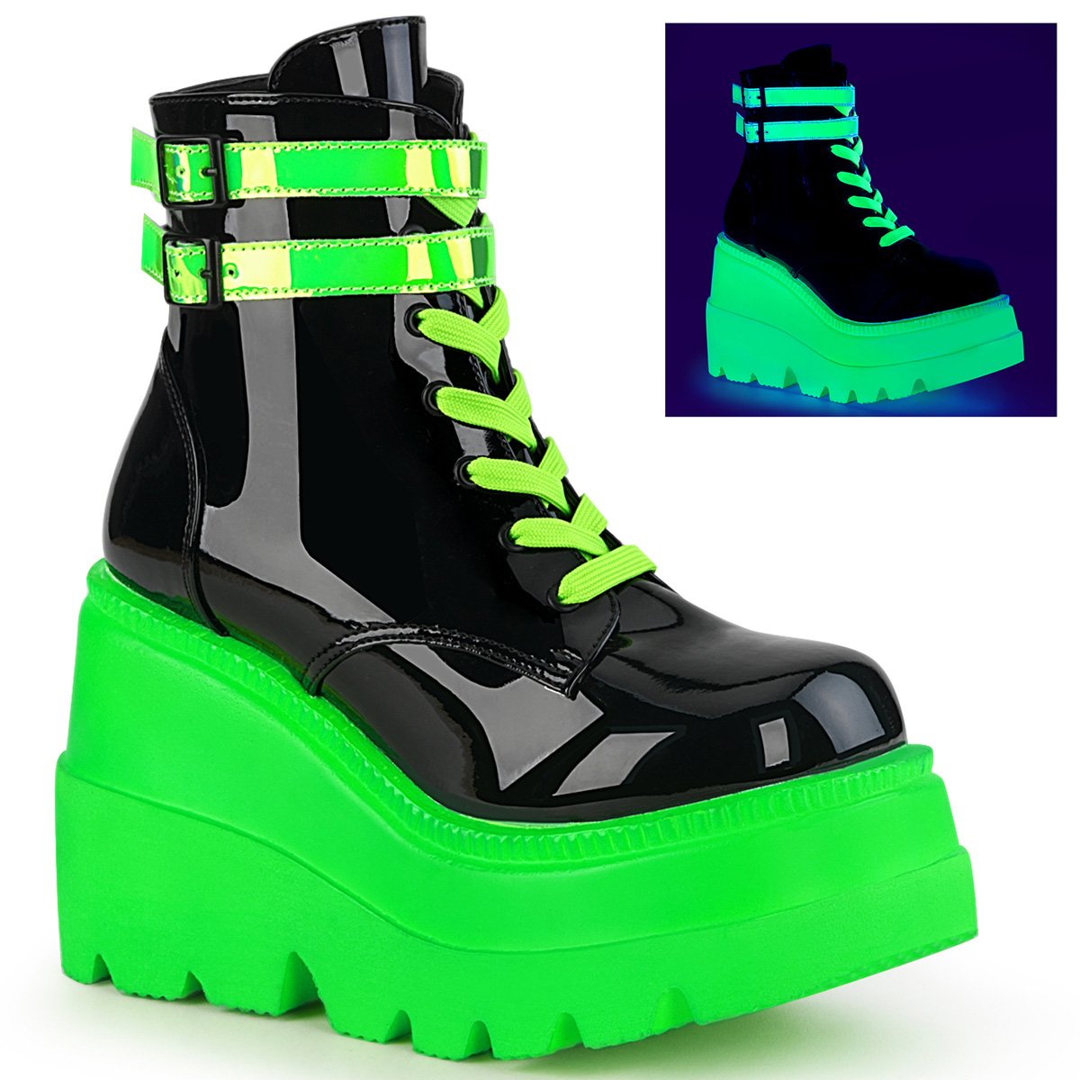 Bottines Demonia Shaker-52 Wedge Platform Dentelle Up Noir / Vert Femme | ASV-4776788