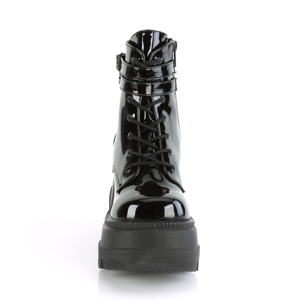 Bottines Demonia Shaker-52 Wedge Platform Dentelle Up Vernis Noir Femme | KUN-9527290