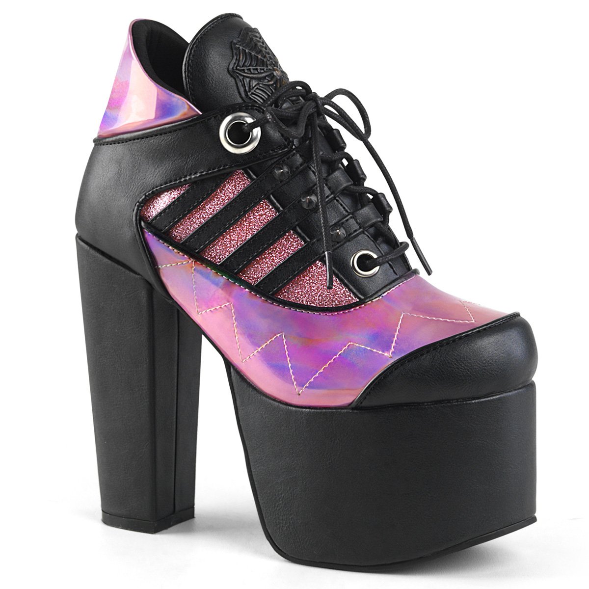 Bottines Demonia Torment-216 Platform Dentelle Up Vegan Noir / Rose Femme | BPP-4718623