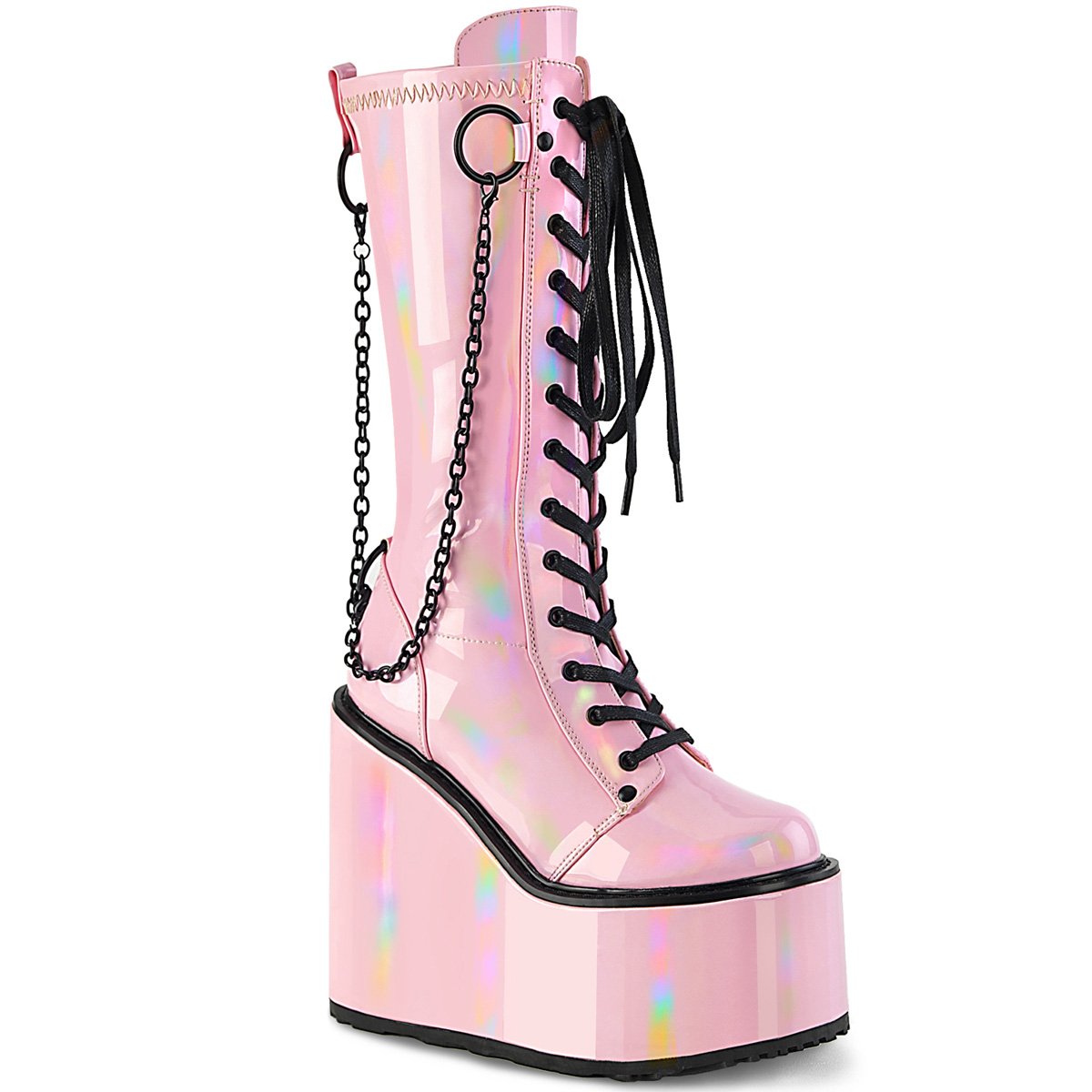 Bottines Demonia Swing-150 Wedge Platform Dentelle Up Vernis Rose Femme | ZNG-0161227