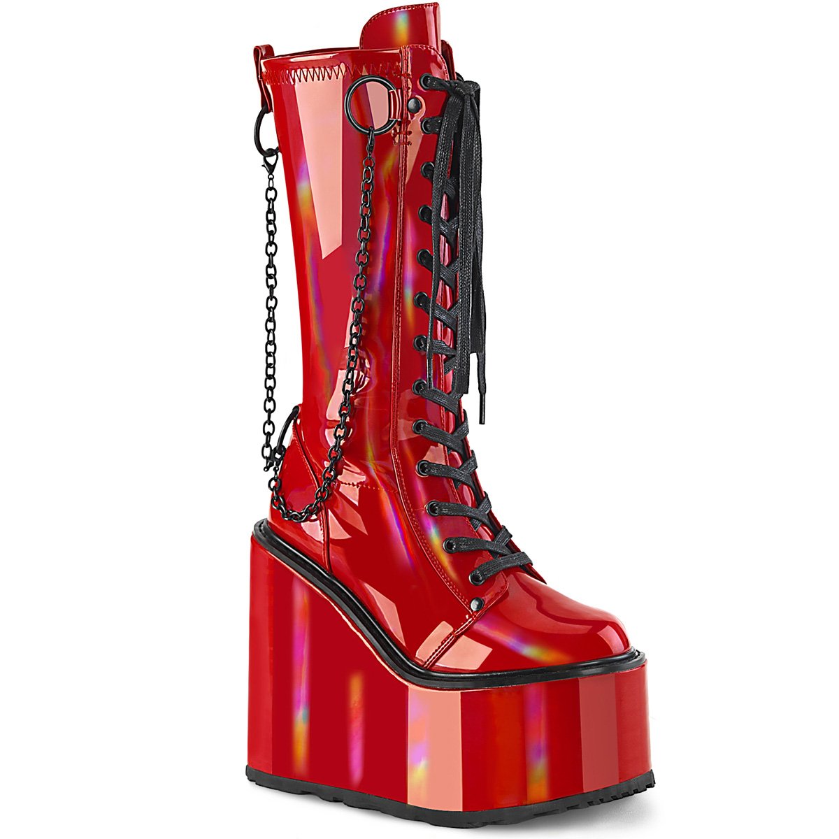 Bottines Demonia Swing-150 Wedge Platform Dentelle Up Vernis Rouge Femme | LCW-7091885