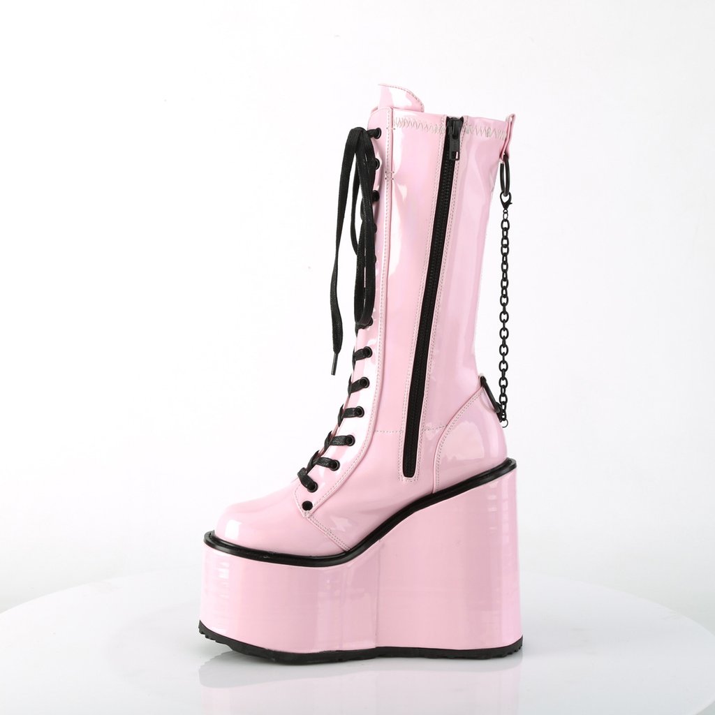 Bottines Demonia Swing-150 Wedge Platform Dentelle Up Vernis Rose Femme | ZNG-0161227