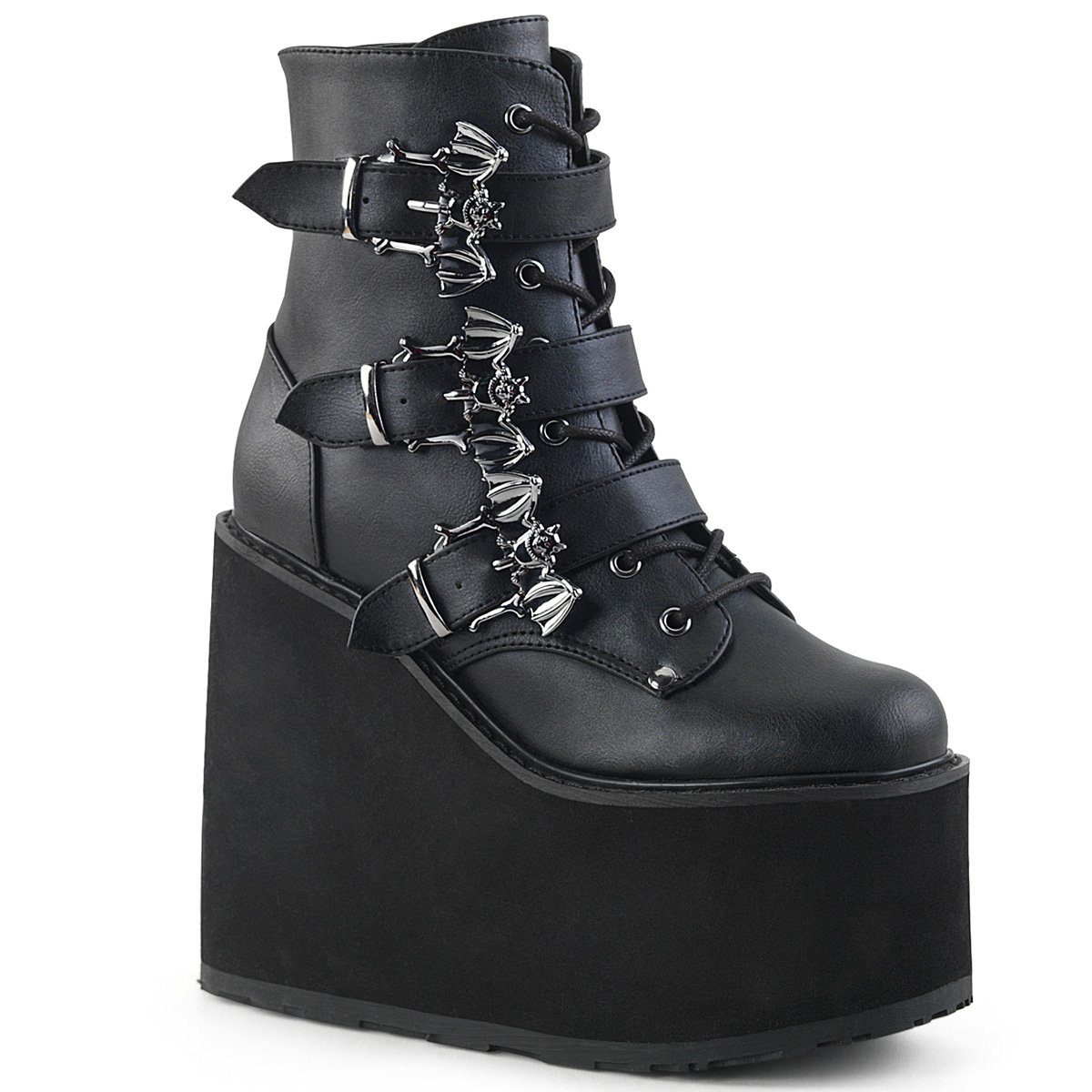 Bottines Demonia Swing-103 Wedge Platform Dentelle Up Cuir Vegan Noir Femme | CTA-8390463