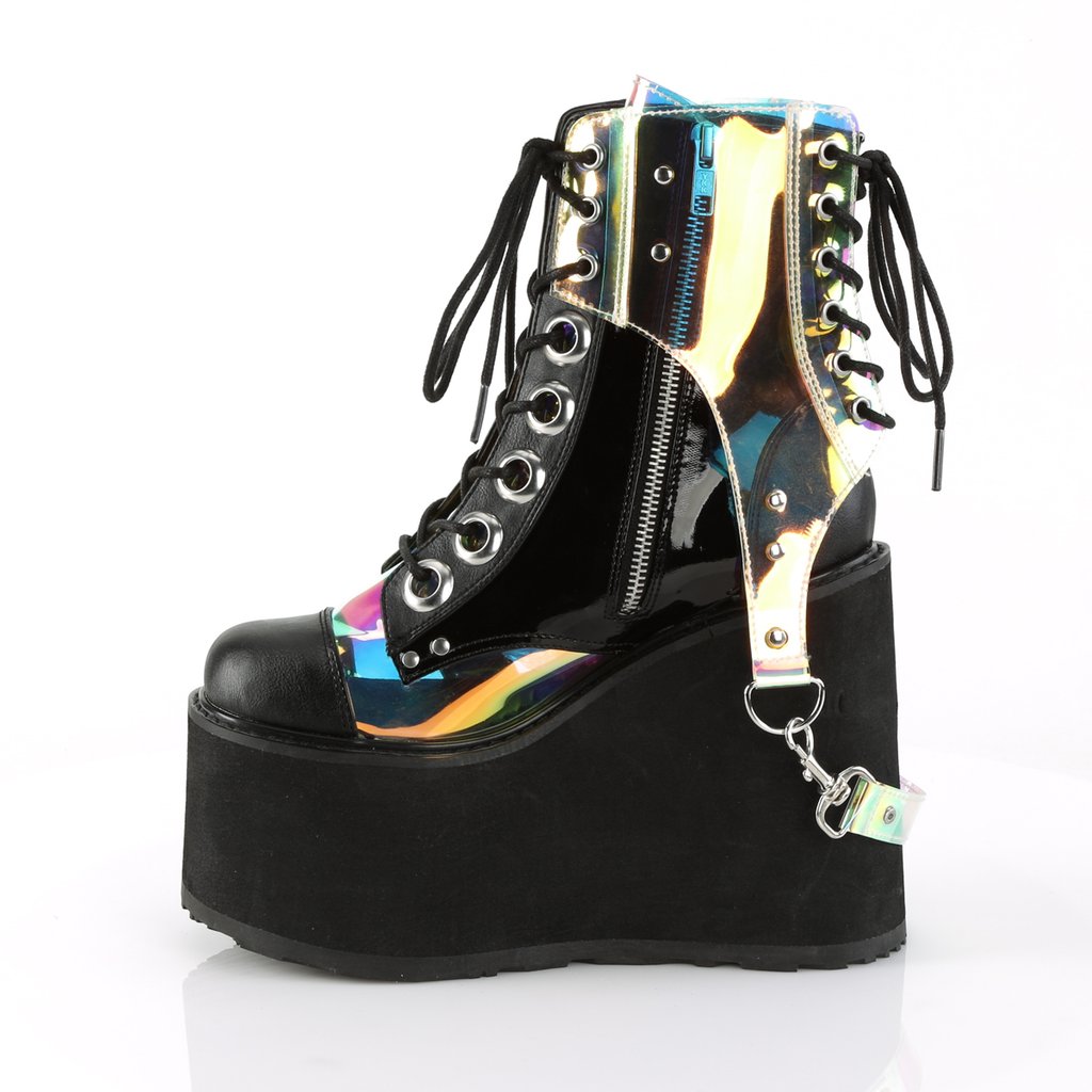 Bottines Demonia Swing-115 Wedge Platform Dentelle Up Cuir Vegan Noir Femme | AHI-1683370