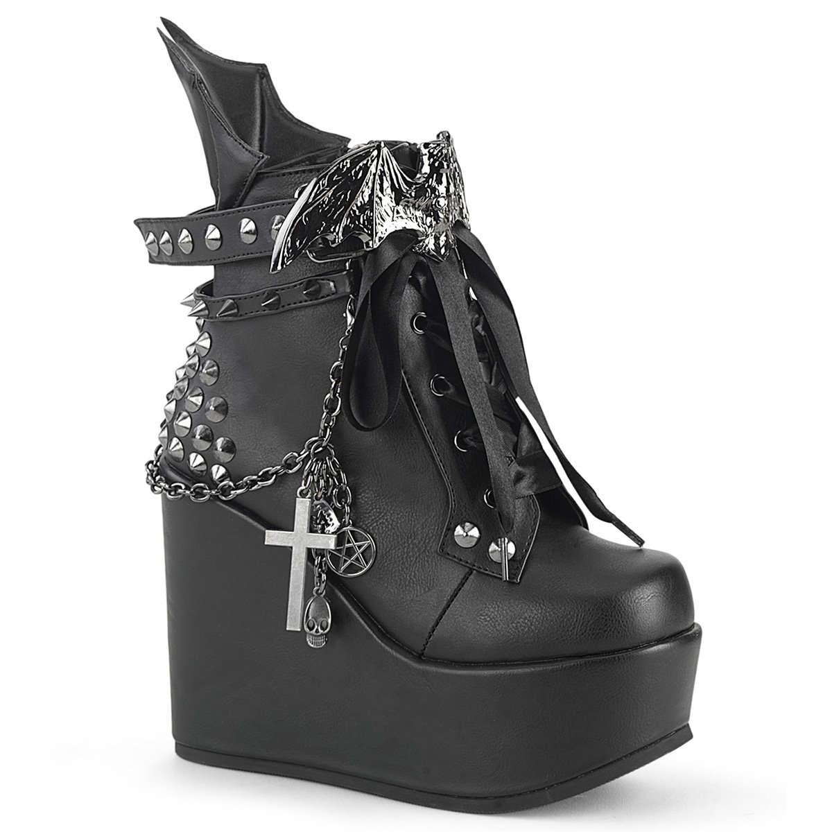 Bottines Demonia Poison-107 Dentelle Up Ankle Wedge Platform Cuir Vegan Noir Femme | XVC-7400159