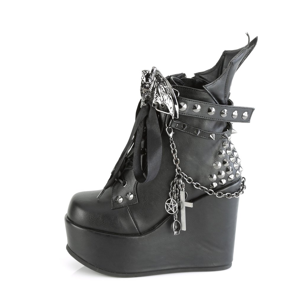 Bottines Demonia Poison-107 Dentelle Up Ankle Wedge Platform Cuir Vegan Noir Femme | XVC-7400159