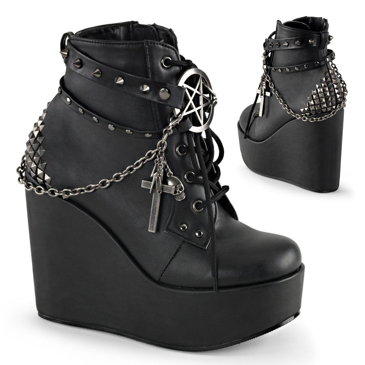 Bottines Demonia Poison-101 Dentelle Up Ankle Wedge Platform Cuir Vegan Noir Femme | PGM-9178426