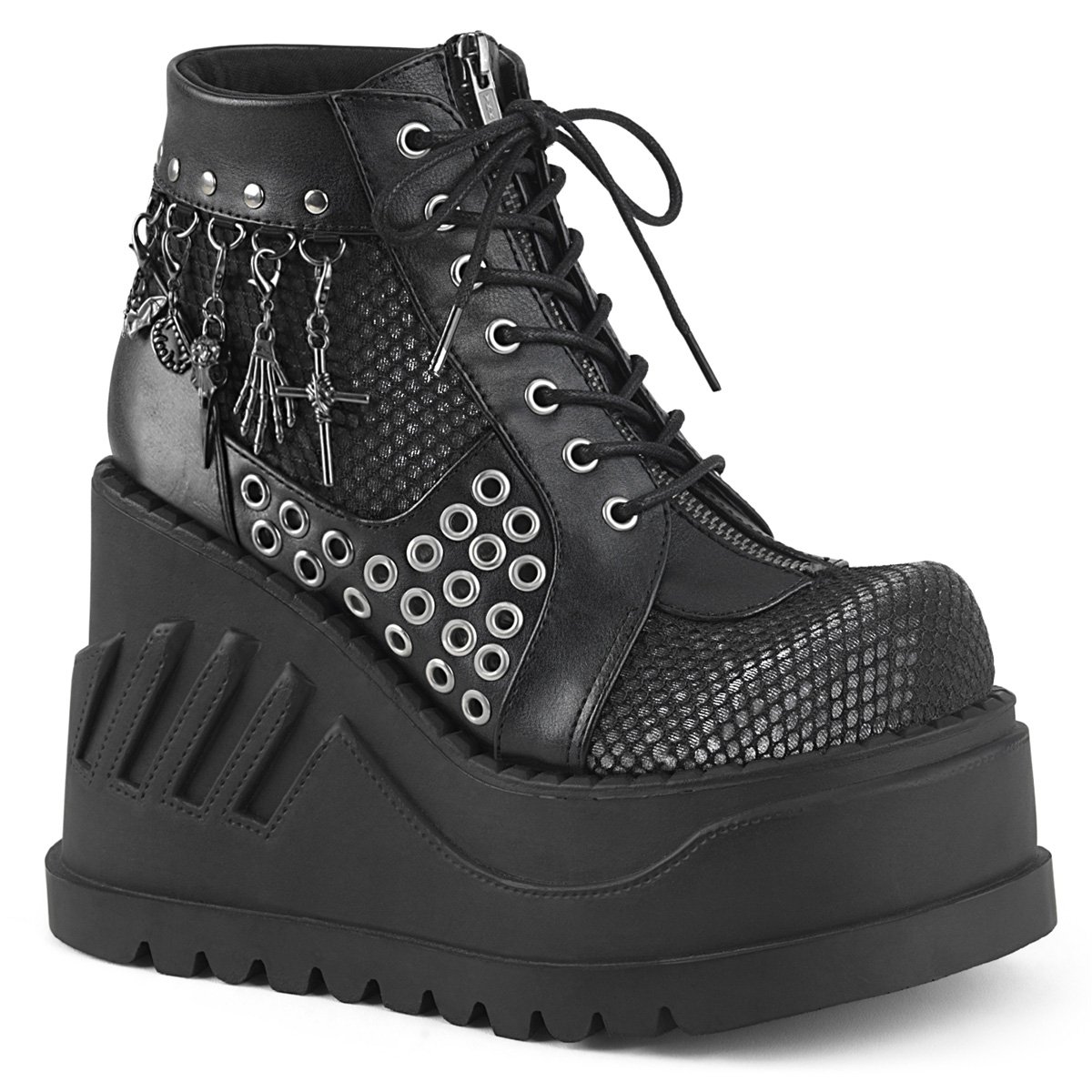 Bottines Demonia Stomp-18 Platform Dentelle Up Wedge Vegan Noir Femme | UTZ-1834352