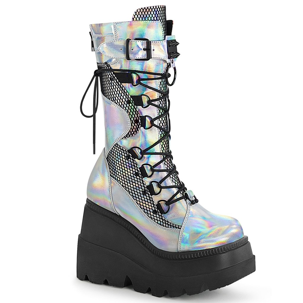 Bottes Hautes Demonia Shaker-70 Wedge Platform Dentelle Up Mid-Calf Vegan Argent Femme | EAZ-0357065