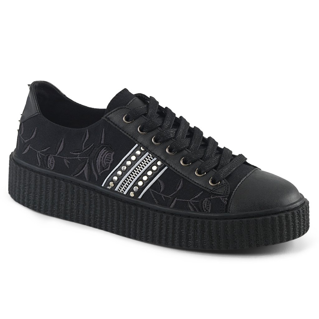 Baskets Demonia Sneeker-106 Platform Dentelle Up Low Tops Cuir Tela Noir / Noir Homme | QAA-1524151