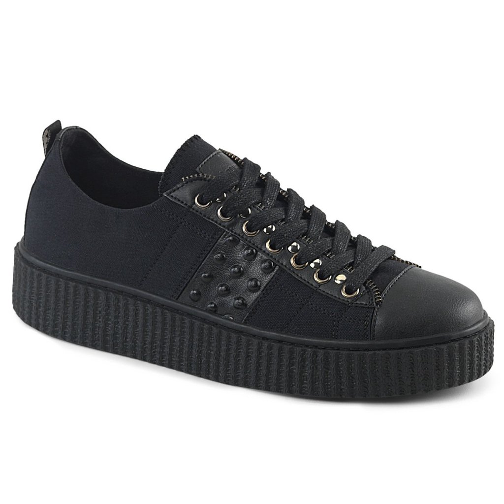 Baskets Demonia Sneeker-107 Platform Dentelle Up Low Tops Cuir Tela Noir / Noir Homme | DWP-9551887