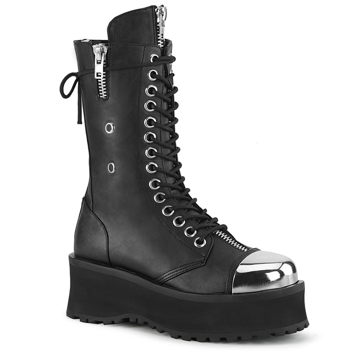 Bottes Plateforme Demonia Gravedigger-14 Dentelle Up Mid Calf Cuir Vegan Noir Homme | FLH-0763016