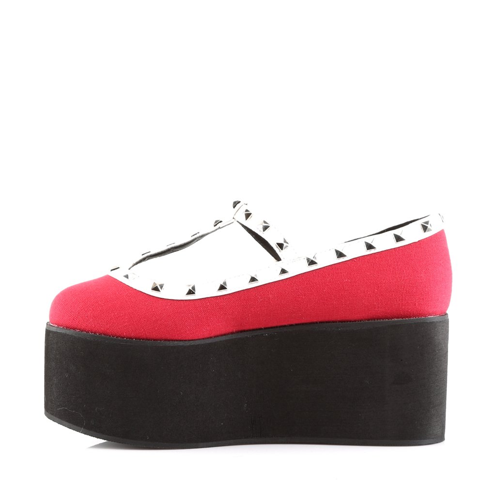 Chaussures Plateforme Demonia Click-07 Two Tone T-Brides Cuir Tela Vegan Rouge / Noir / Femme | VQL-2228095