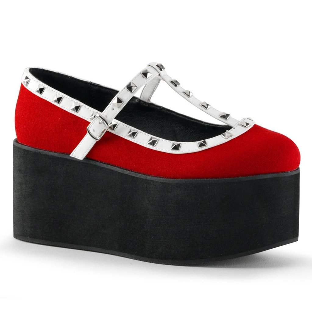 Chaussures Plateforme Demonia Click-07 Two Tone T-Brides Cuir Tela Vegan Rouge / Noir / Femme | VQL-2228095