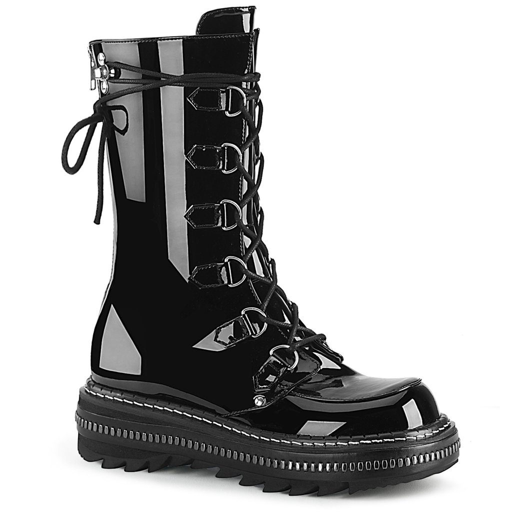 Bottes Hautes Demonia Lilith-270 Platform Dentelle Up Mid-Calf Vernis Noir Femme | FTZ-1342313