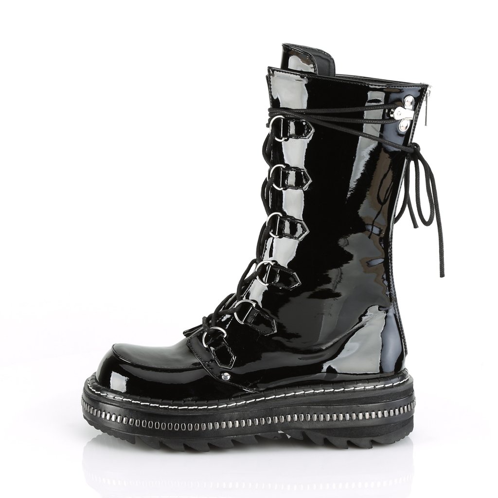 Bottes Hautes Demonia Lilith-270 Platform Dentelle Up Mid-Calf Vernis Noir Femme | FTZ-1342313