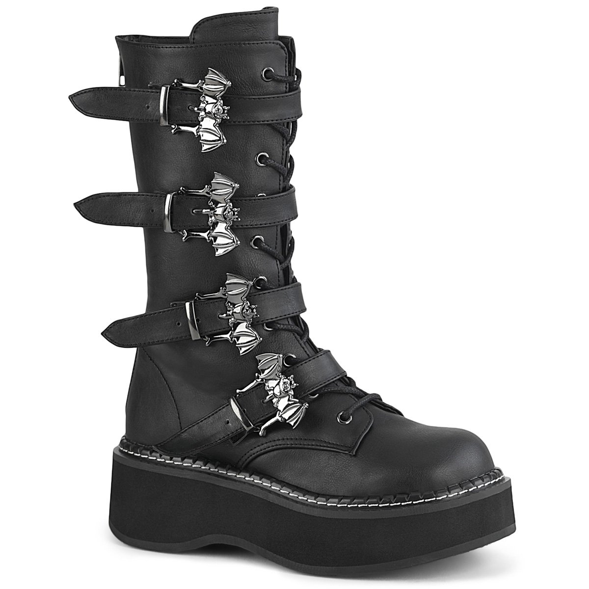 Bottes Hautes Demonia Emily-322 Platform Dentelle Up Mid-Calf Cuir Vegan Noir Femme | CEM-4303723