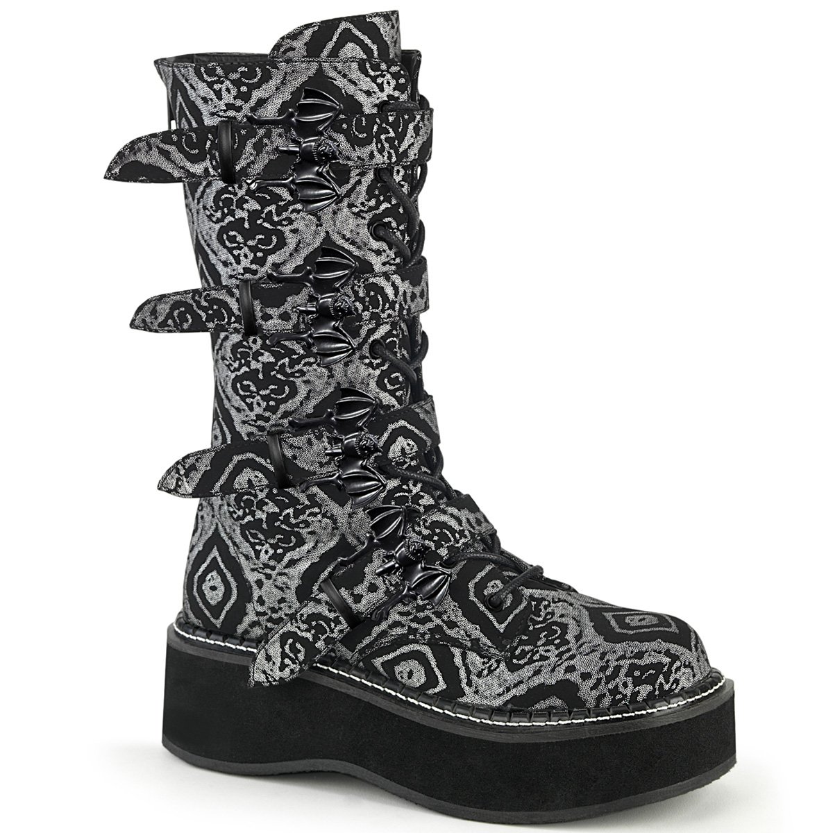 Bottes Hautes Demonia Emily-322 Platform Dentelle Up Mid-Calf Cuir Noir / Argent Femme | WAV-1660242