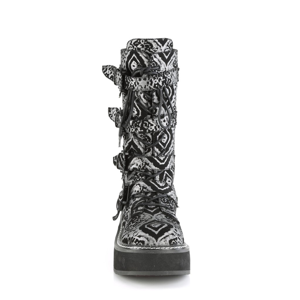 Bottes Hautes Demonia Emily-322 Platform Dentelle Up Mid-Calf Cuir Noir / Argent Femme | WAV-1660242