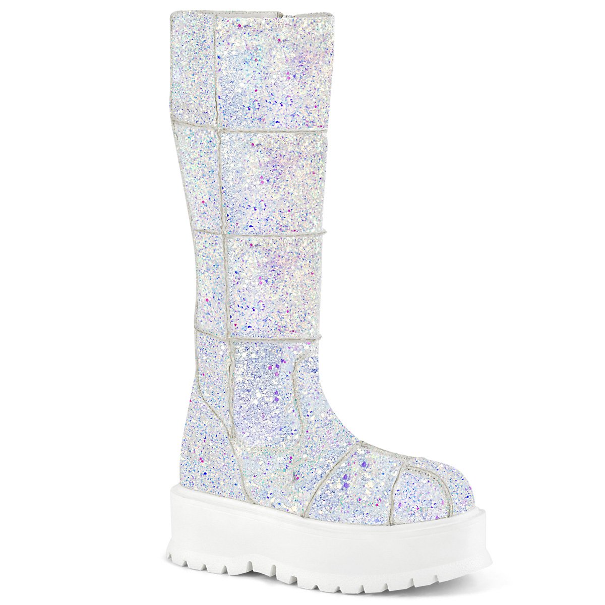 Bottes Hautes Demonia Slacker-230 Platform Glitter Blanche Femme | XOG-5262826