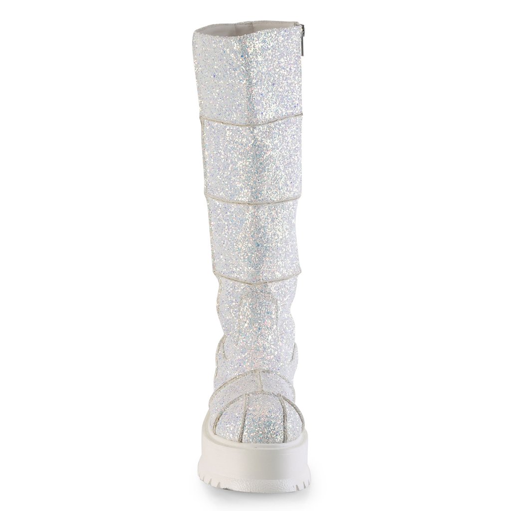 Bottes Hautes Demonia Slacker-230 Platform Glitter Blanche Femme | XOG-5262826