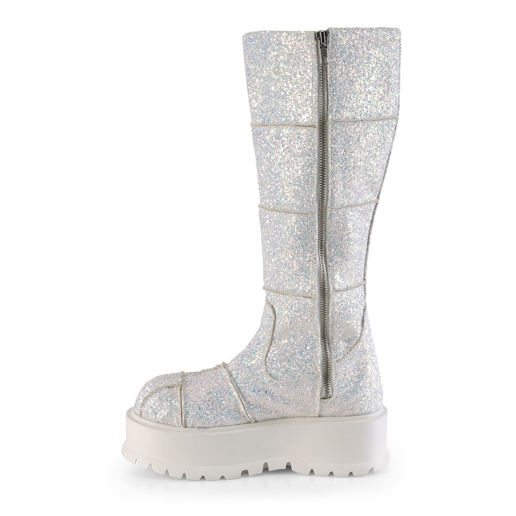 Bottes Hautes Demonia Slacker-230 Platform Glitter Blanche Femme | XOG-5262826