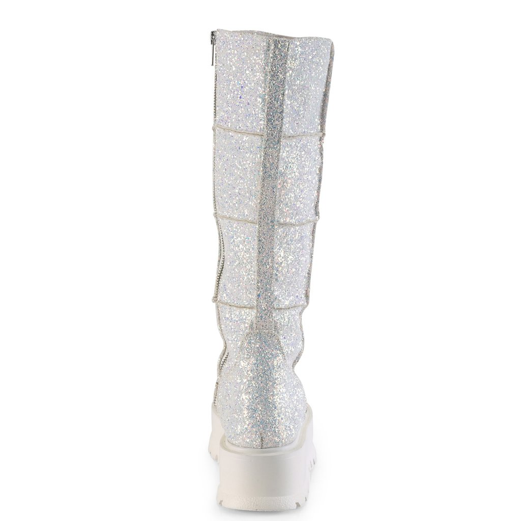 Bottes Hautes Demonia Slacker-230 Platform Glitter Blanche Femme | XOG-5262826