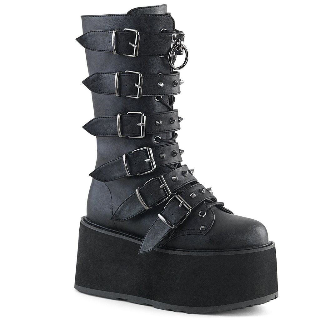 Bottes Hautes Demonia Damned-225 Platform Dentelle Up Mid-Calf Cuir Vegan Noir Femme | MVP-3700789