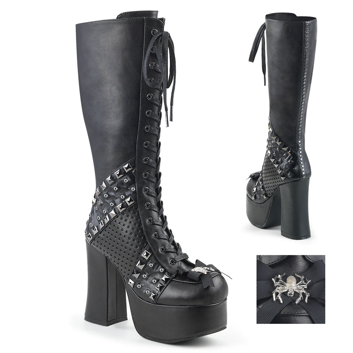 Bottes Hautes Demonia Charade-150 Platform Dentelle Up Cuir Vegan Noir Femme | EBM-5157208