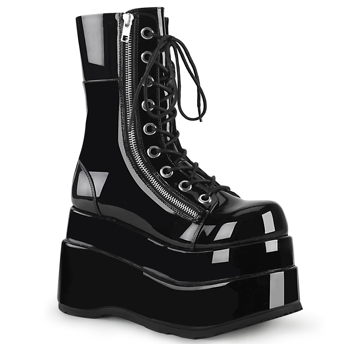 Bottes Hautes Demonia Bear-265 Platform Dentelle Up Mid-Calf Vernis Noir Femme | VWB-5247734