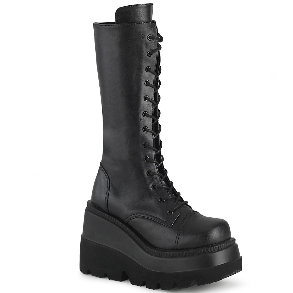 Bottes Hautes Demonia Shaker-72 Wedge Platform Dentelle Up Mid-Calf Cuir Vegan Noir Femme | AMJ-0865154