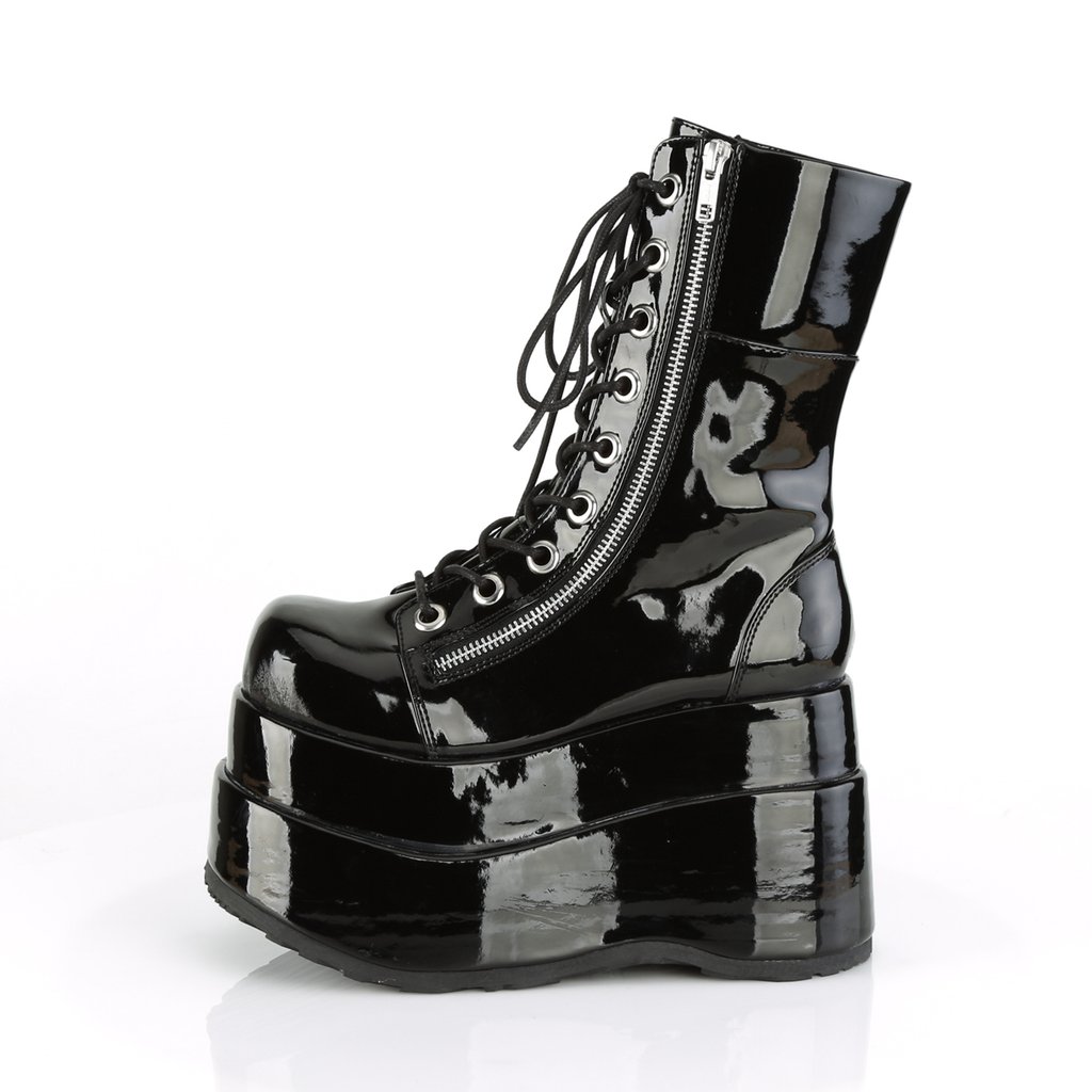 Bottes Hautes Demonia Bear-265 Platform Dentelle Up Mid-Calf Vernis Noir Femme | VWB-5247734