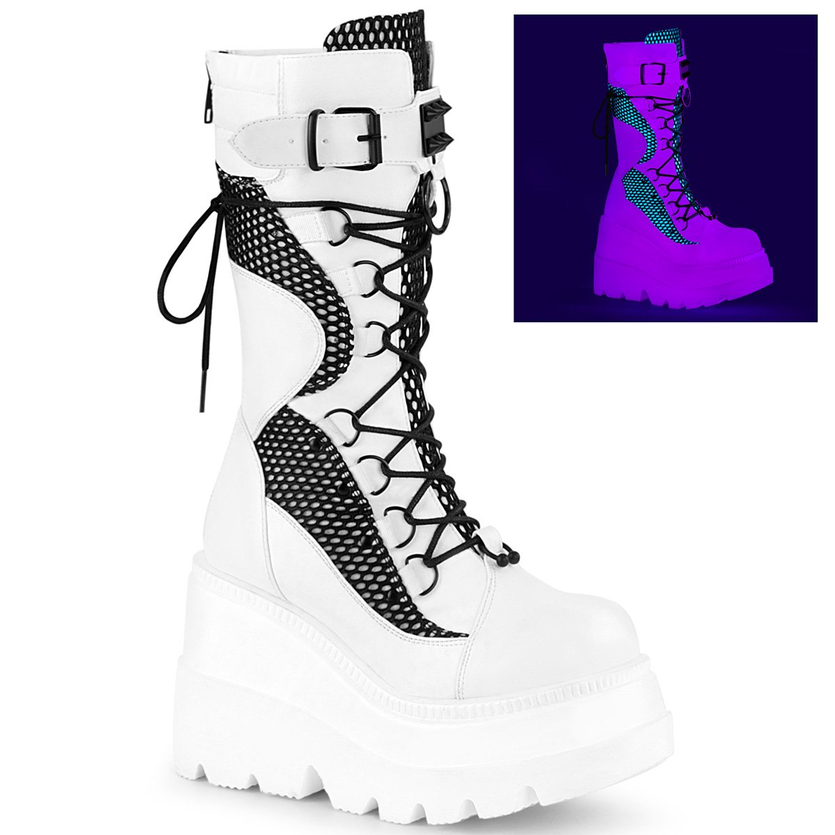 Bottes Hautes Demonia Shaker-70 Wedge Platform Dentelle Up Mid-Calf Vegan Blanche / Noir Femme | BJT-1325309