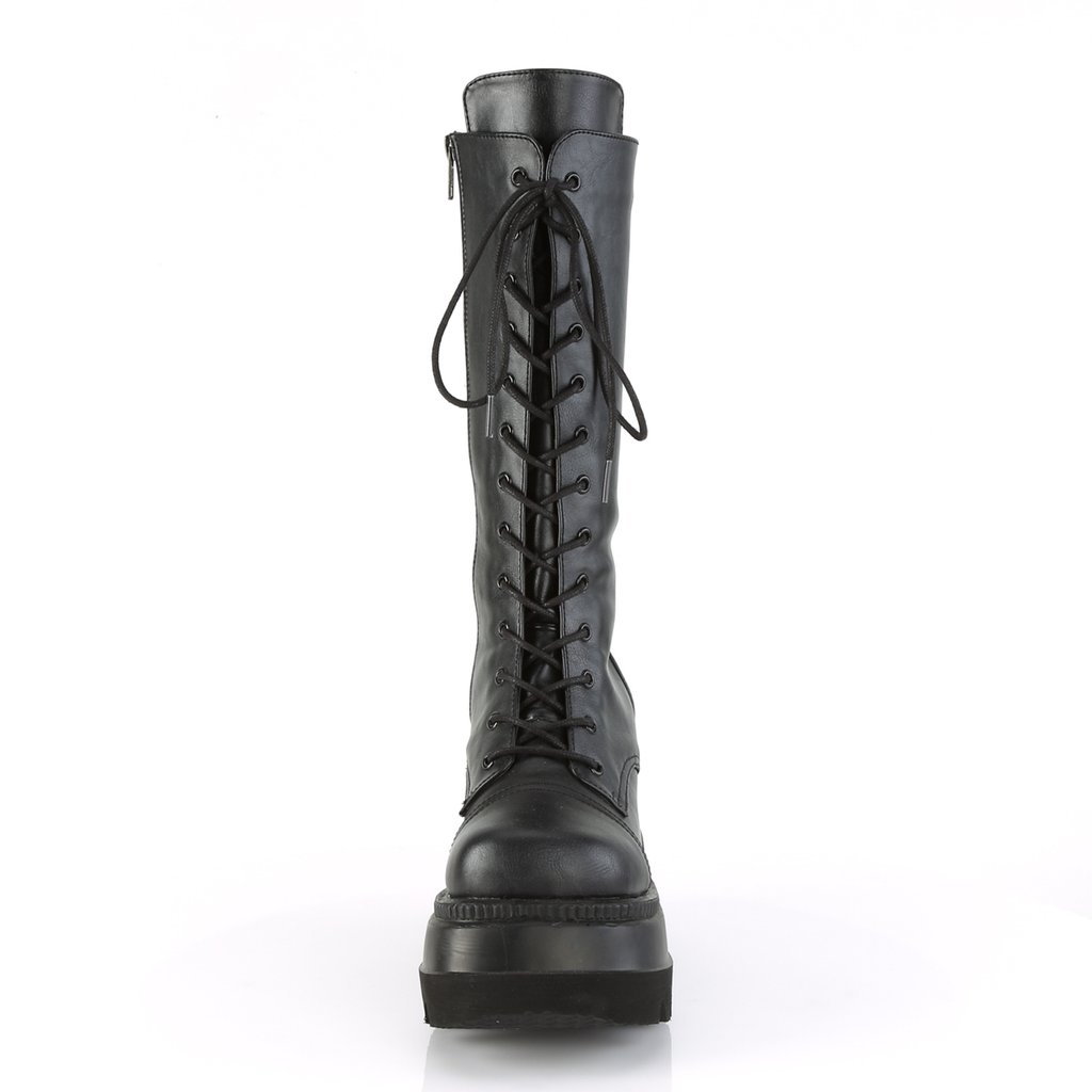 Bottes Hautes Demonia Shaker-72 Wedge Platform Dentelle Up Mid-Calf Cuir Vegan Noir Femme | AMJ-0865154