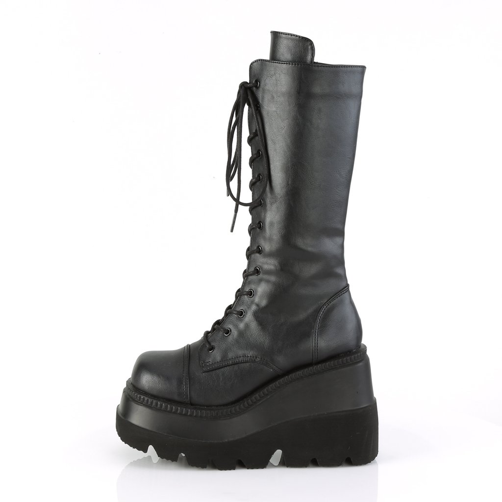 Bottes Hautes Demonia Shaker-72 Wedge Platform Dentelle Up Mid-Calf Cuir Vegan Noir Femme | AMJ-0865154