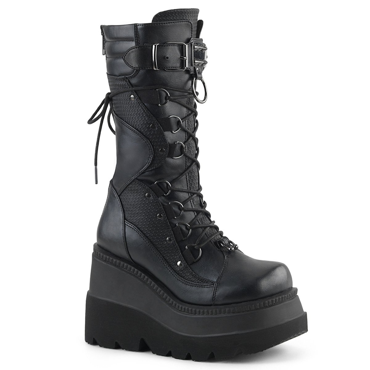 Bottes Hautes Demonia Shaker-70 Wedge Platform Dentelle Up Mid-Calf Cuir Vegan Noir Femme | NBM-4745724