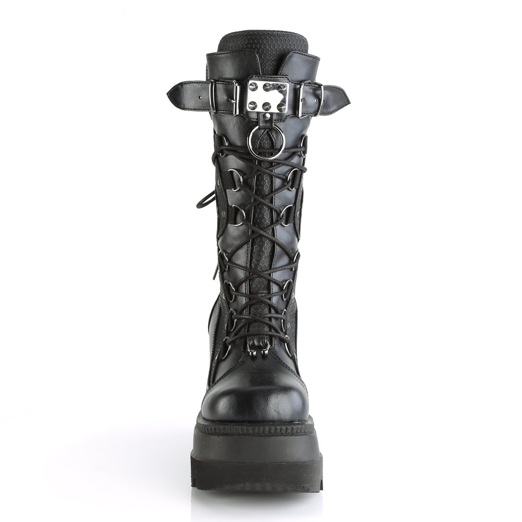 Bottes Hautes Demonia Shaker-70 Wedge Platform Dentelle Up Mid-Calf Cuir Vegan Noir Femme | NBM-4745724