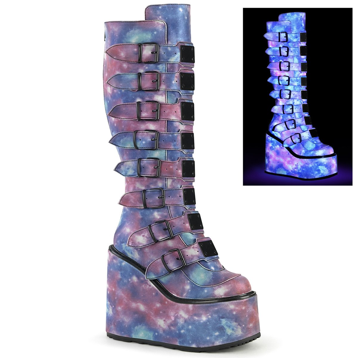 Bottes Hautes Demonia Swing-815 Platform Cuir Vegan Violette / Bleu Femme | QZW-9202327