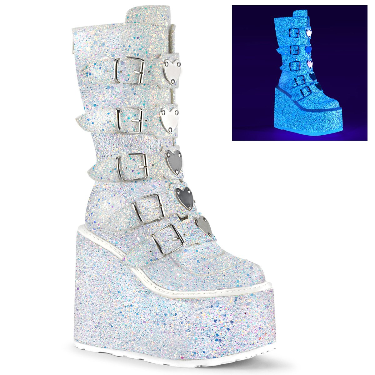 Bottes Hautes Demonia Swing-230G Platform Mid-Calf Glitter Blanche Femme | MIN-0821673