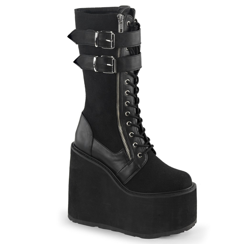 Bottes Hautes Demonia Swing-221 Wedge Platform Dentelle Up Cuir Tela Vegan Noir Femme | HQR-6623821