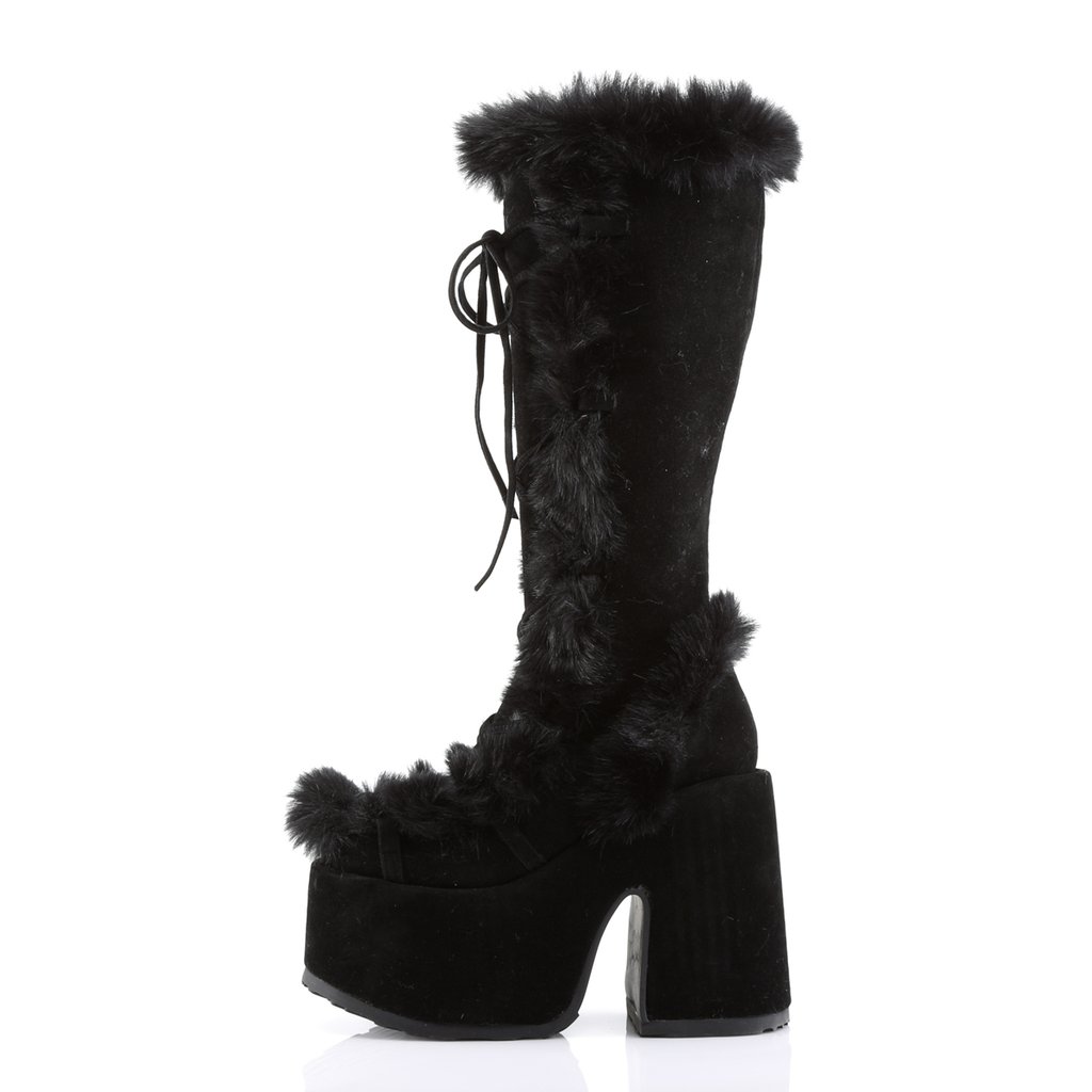 Bottes Hautes Demonia Camel-311 Platform Goth Punk Daim Vegan Noir Femme | EMC-5248020