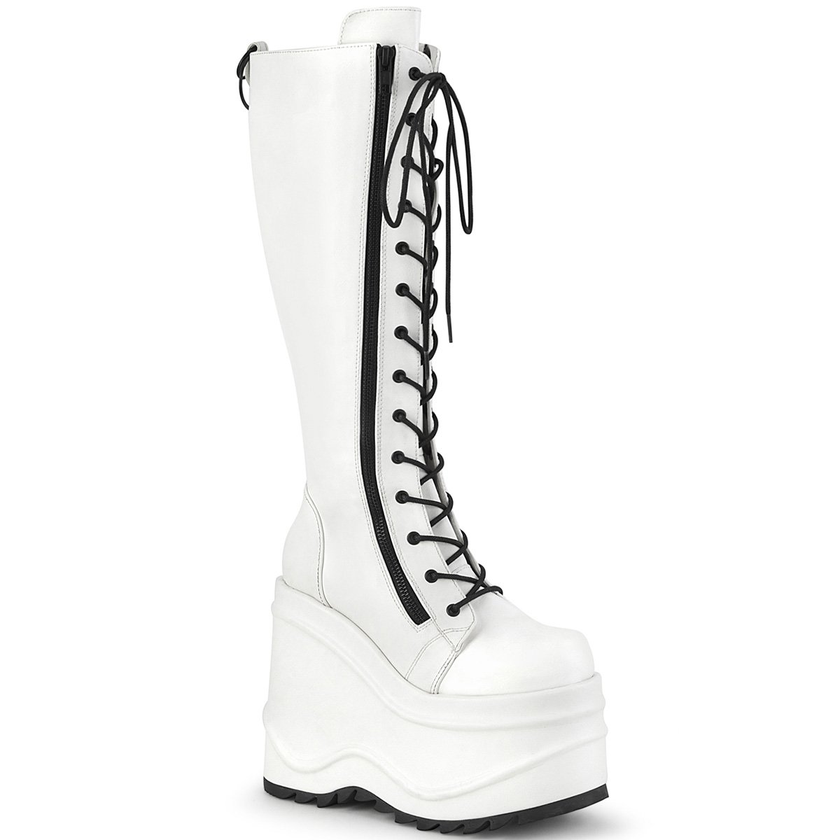 Bottes Hautes Demonia Wave-200 Dentelle Up Wedge Platform Cuir Vegan Blanche Femme | KJV-2822304