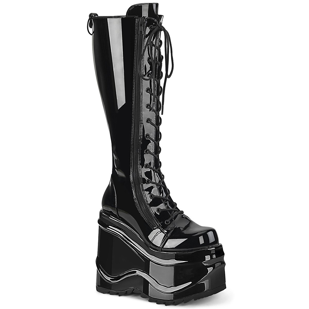 Bottes Hautes Demonia Wave-200 Dentelle Up Wedge Platform Vernis Noir Femme | WNT-3507041