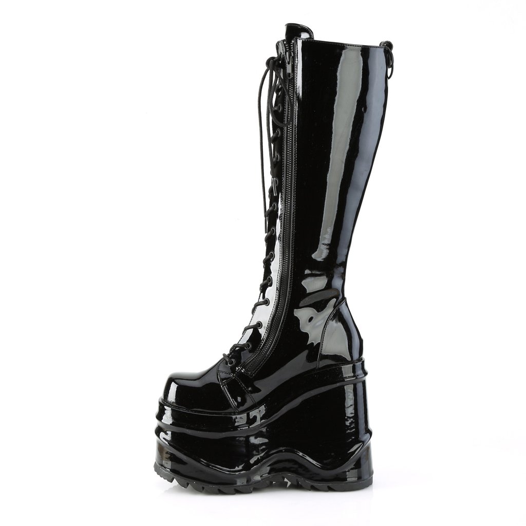 Bottes Hautes Demonia Wave-200 Dentelle Up Wedge Platform Vernis Noir Femme | WNT-3507041