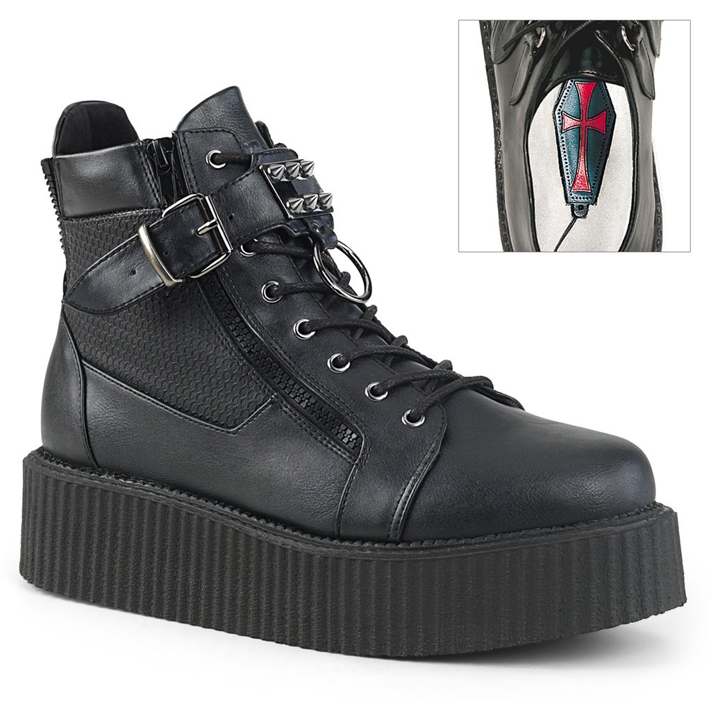 Chaussures Creepers Demonia V-CREEPER-566 Platform Dentelle Up Cuir Vegan Noir Homme | EJA-5606497