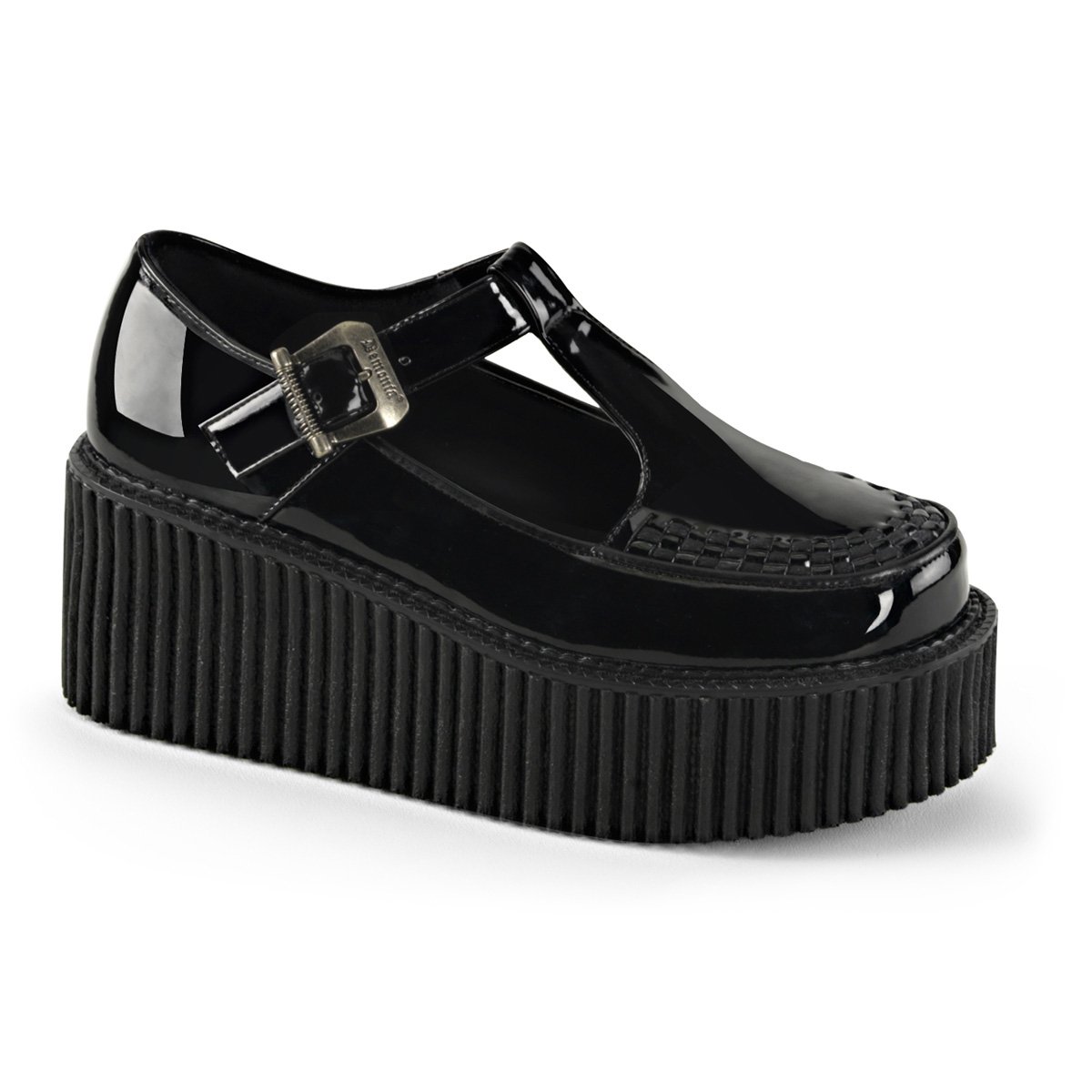 Chaussures Creepers Demonia Creeper-214 Platform T-Brides Vernis Noir Femme | ZCP-0346799