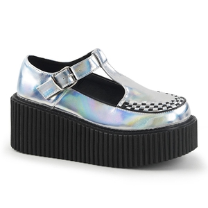 Chaussures Creepers Demonia Creeper-214 Platform T-Brides Argent Femme | NII-5522987