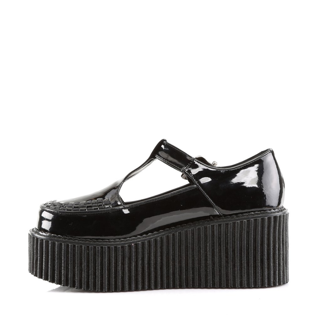 Chaussures Creepers Demonia Creeper-214 Platform T-Brides Vernis Noir Femme | ZCP-0346799